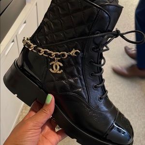 New Chanel Combat Boots - Black with Gold Chain